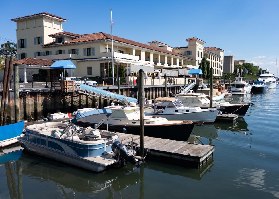 Boats docked in Greenwich Harbor.