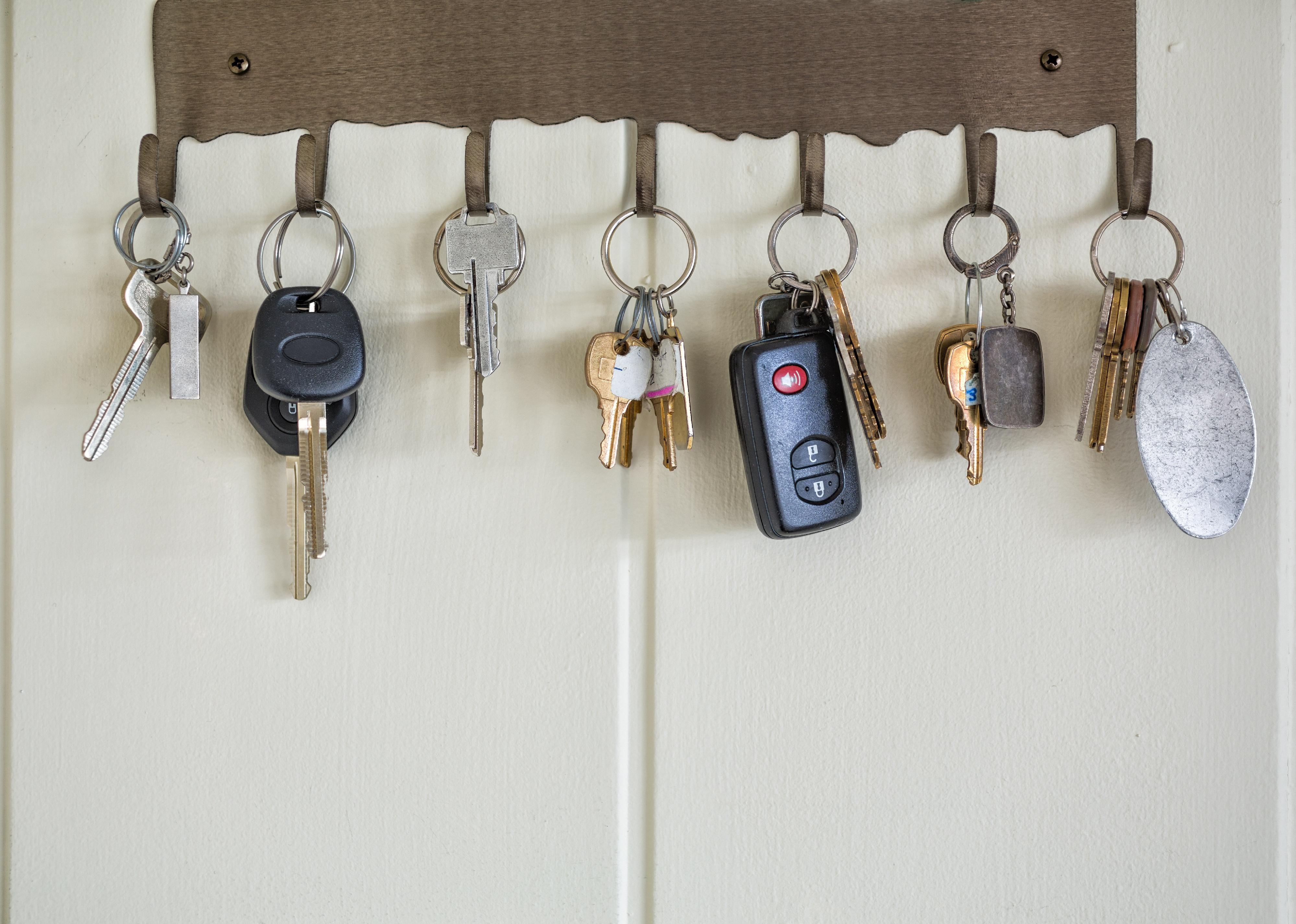 Door, house, and car keys hanging on hooks on a wall.
