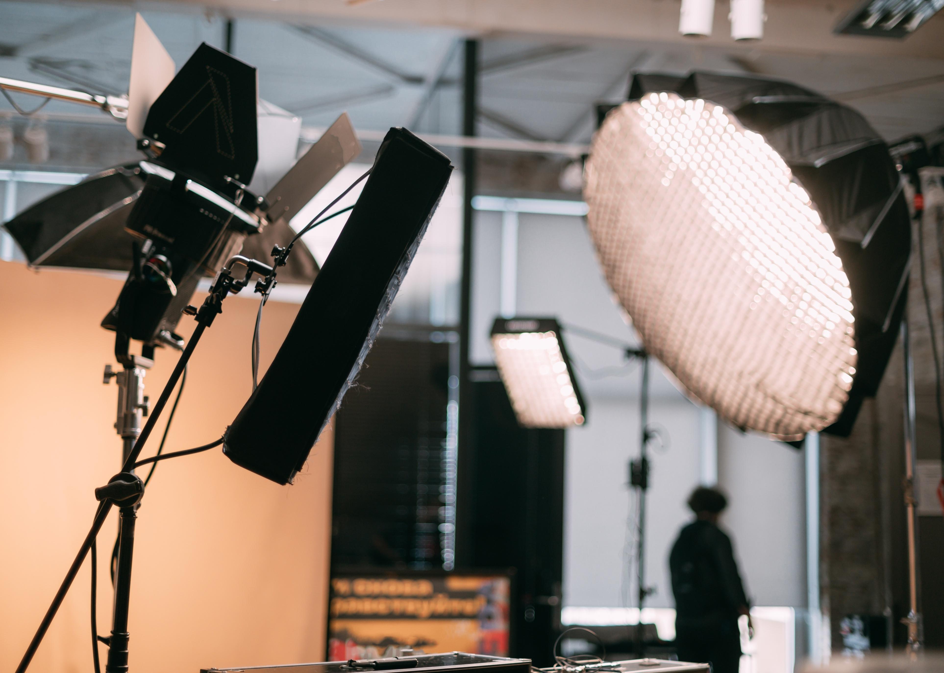 Film set, monitors and modern shooting equipment.