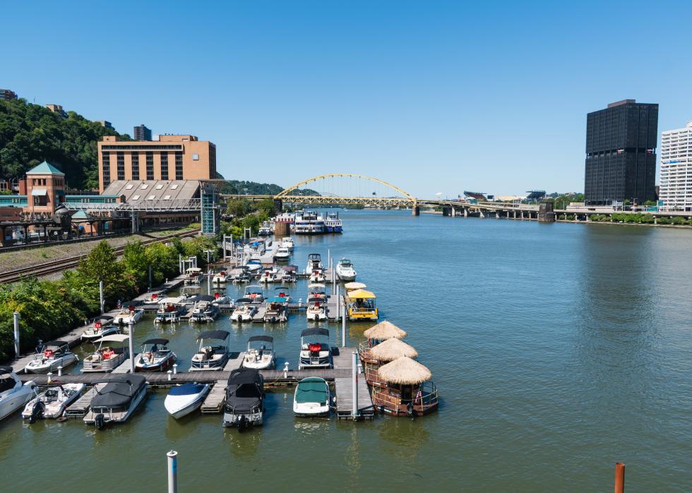 Boats docked along the Monongahela River on a sunny day.