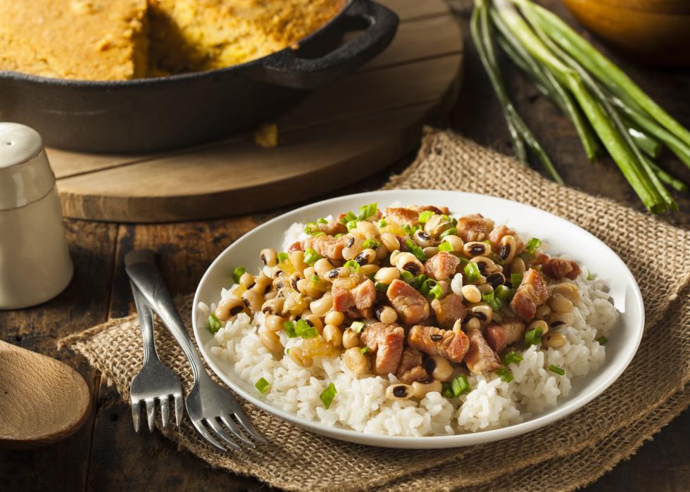 Homemade Hoppin John with rice and pork.