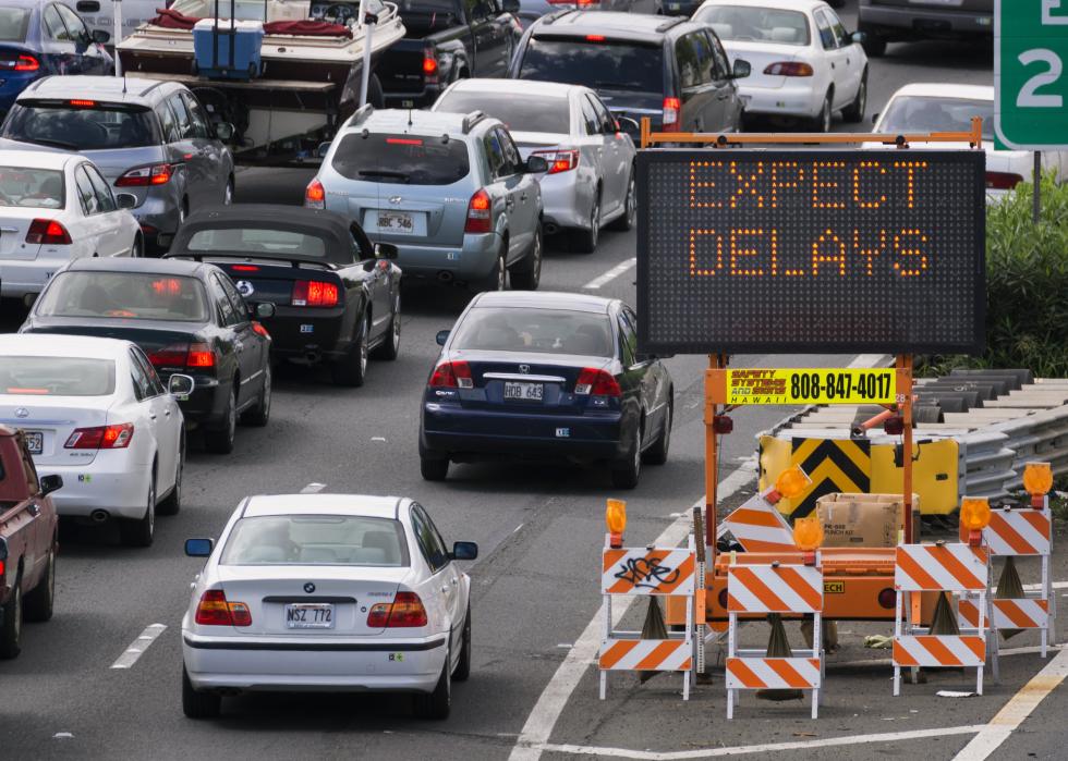 Cars line up on the freeway in Hawaii