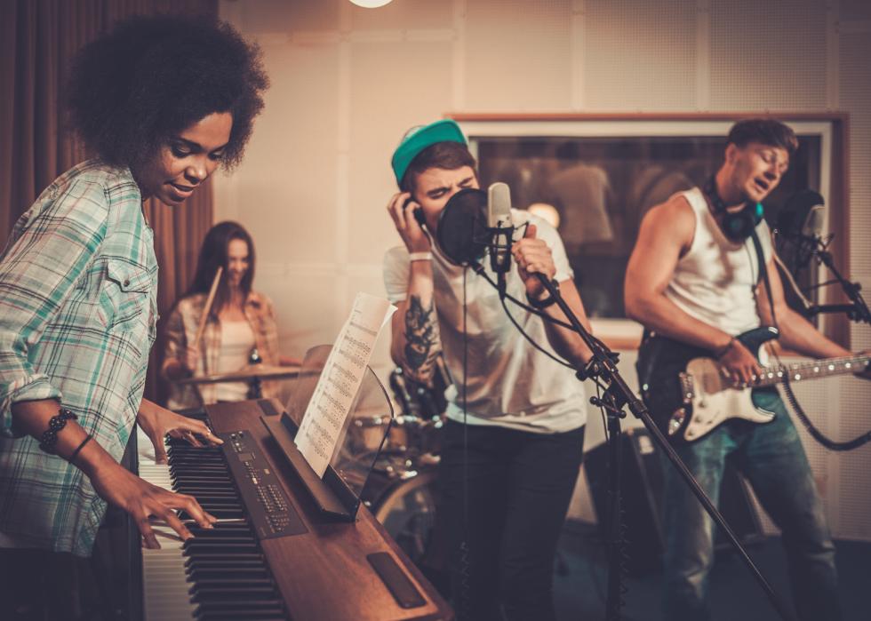 Band performing in a recording studio