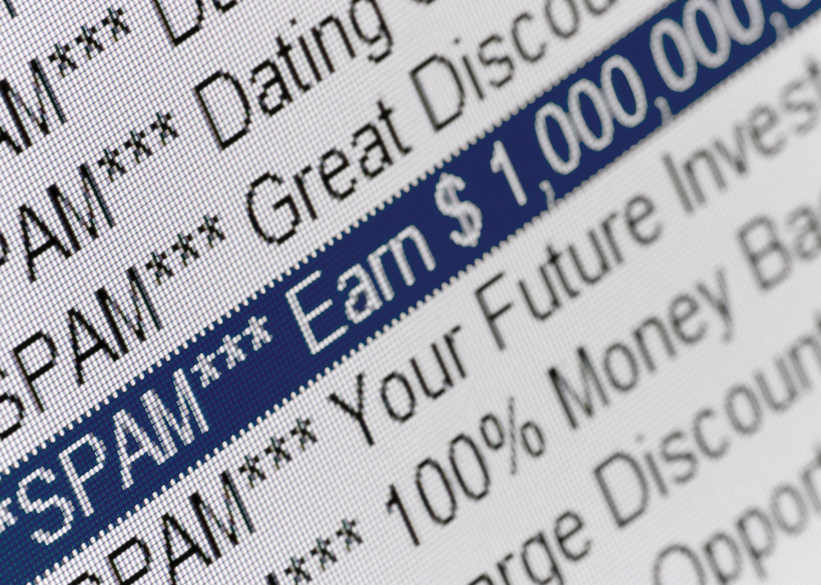 Detailed closeup of a list of spam emails.