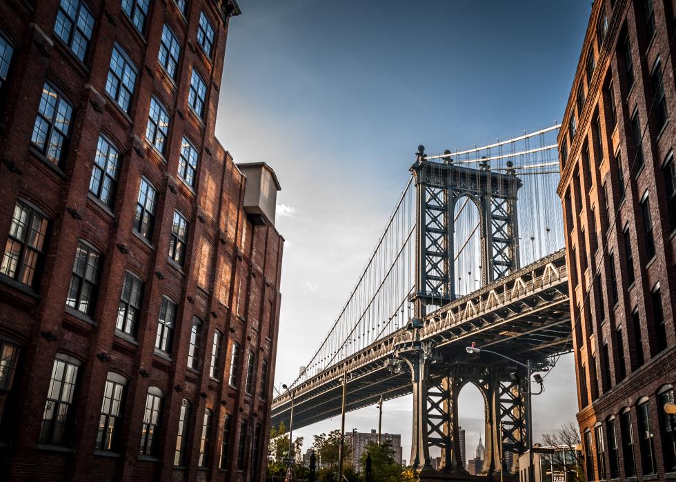Manhattan bridge seen from a narrow alley in Dumbo.