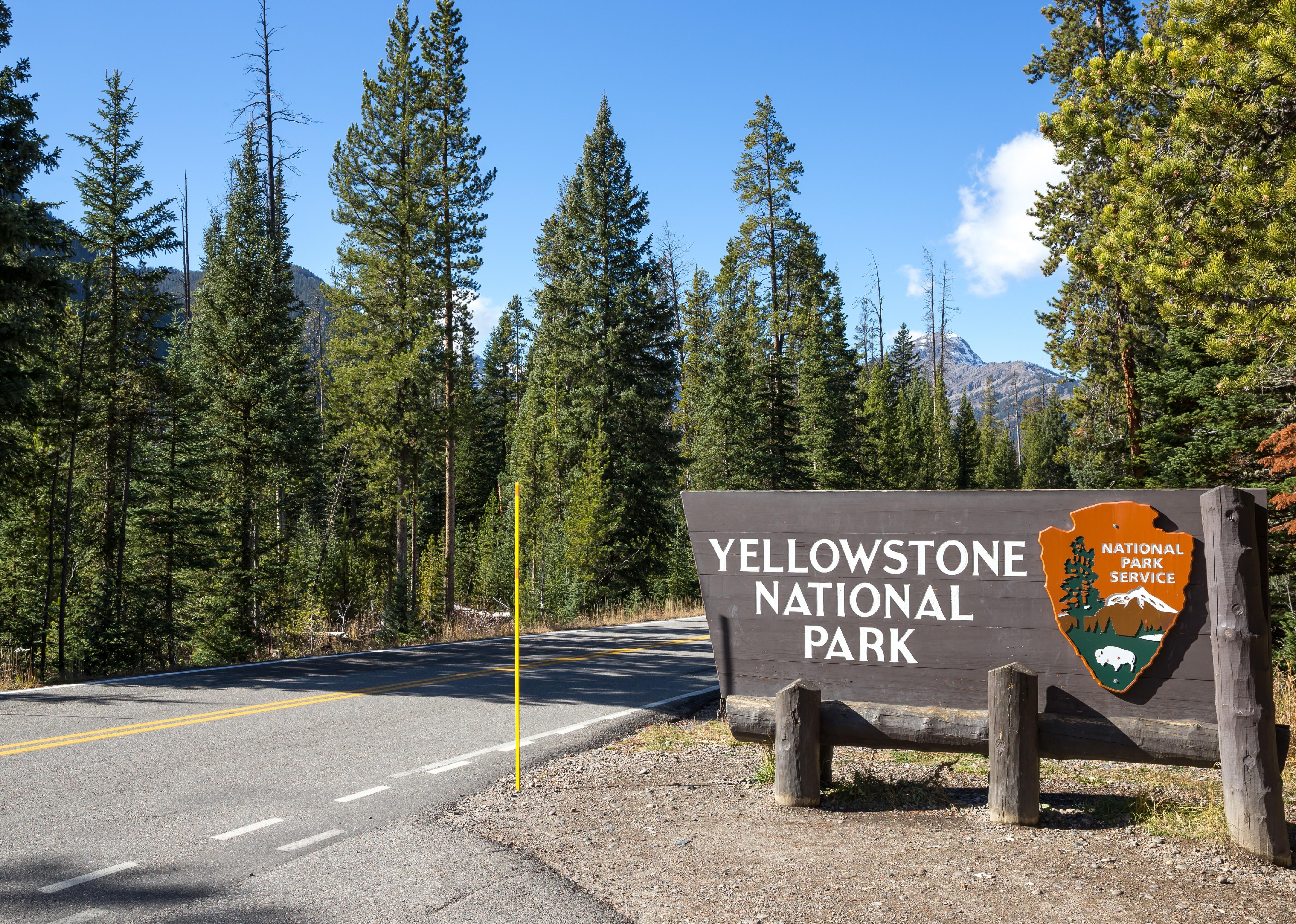 Yellowstone National Park sign on the side of the road.