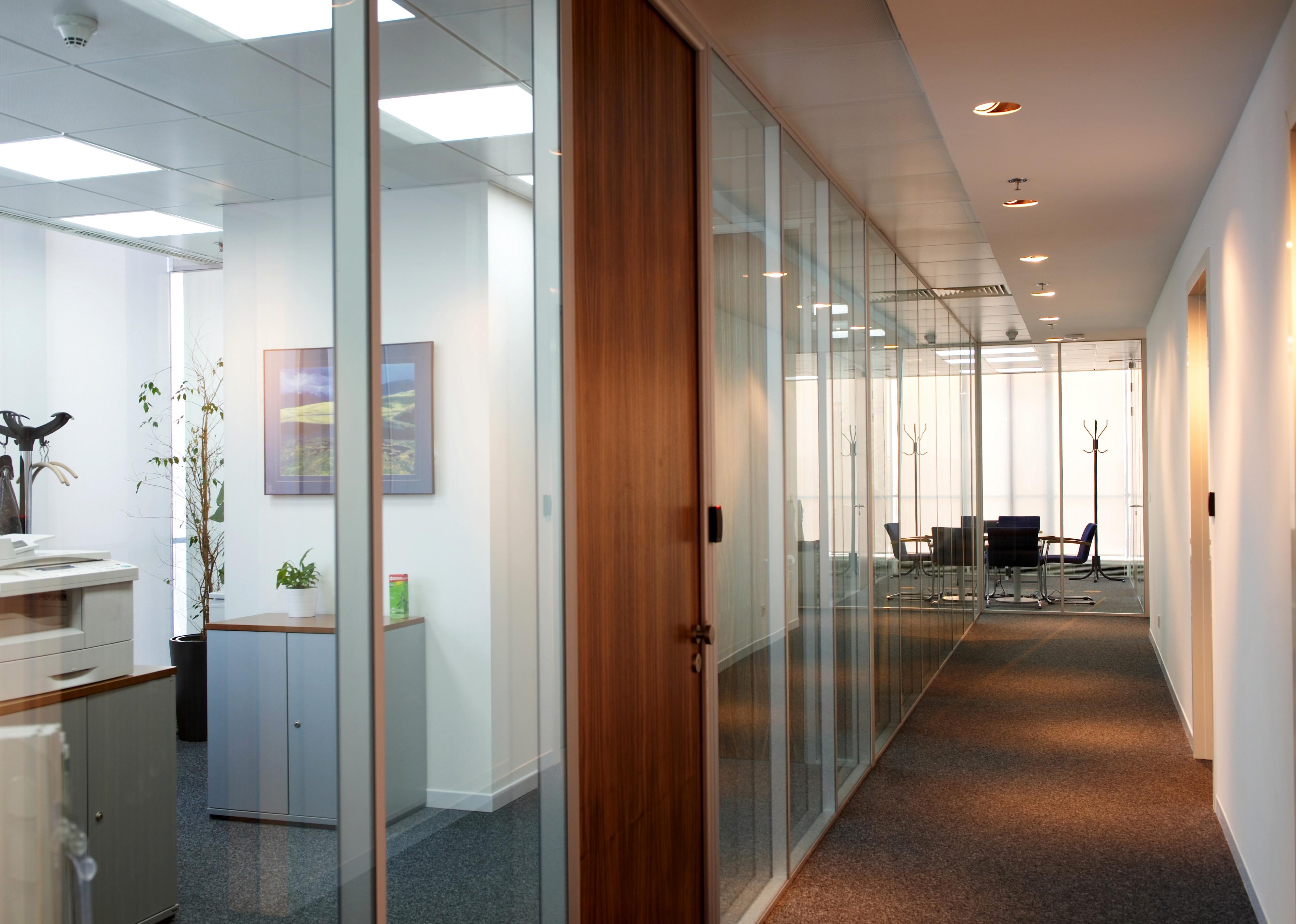 Office corridor with doors running along it.