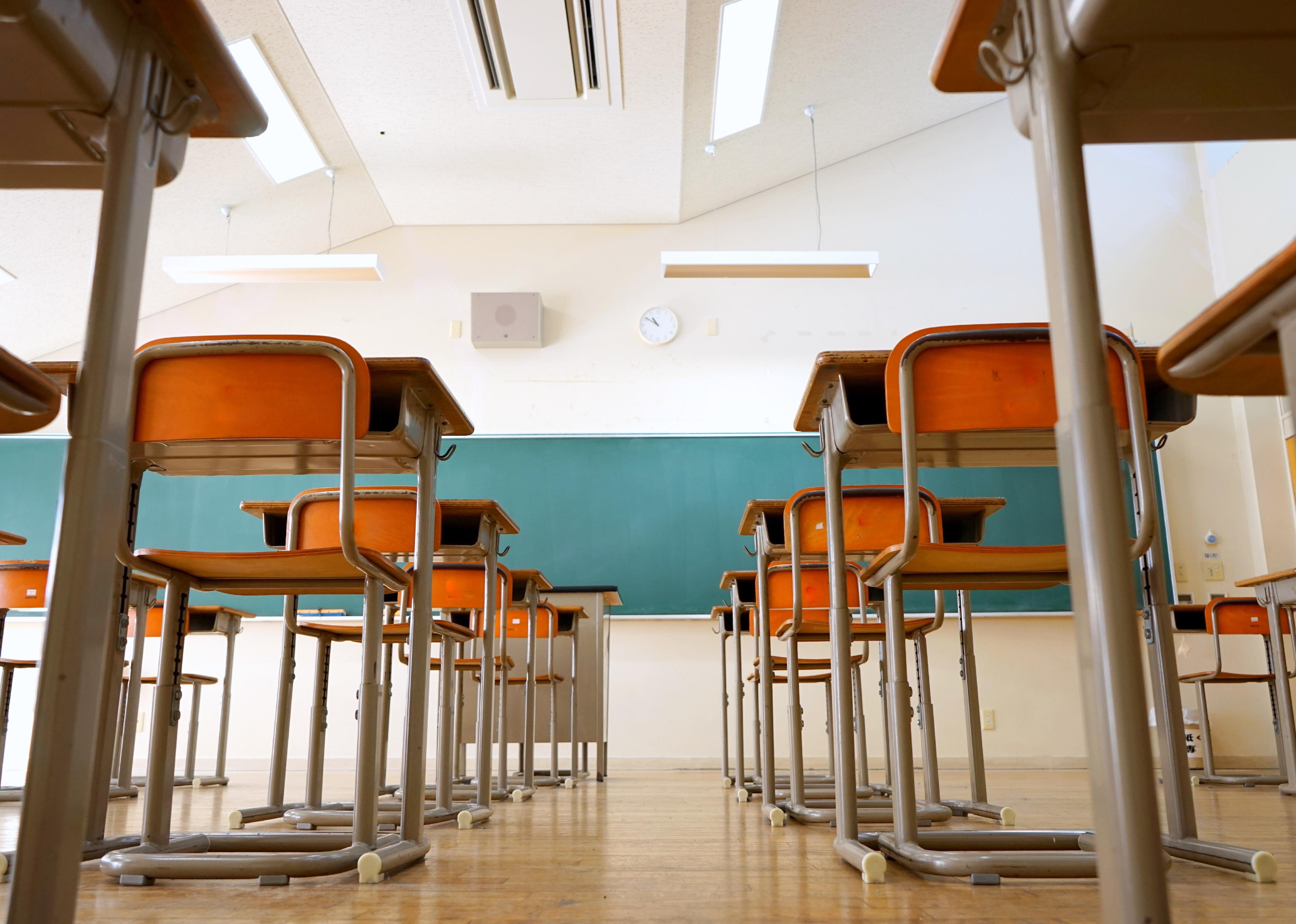 Up angle of school classroom with school desks and blackboard