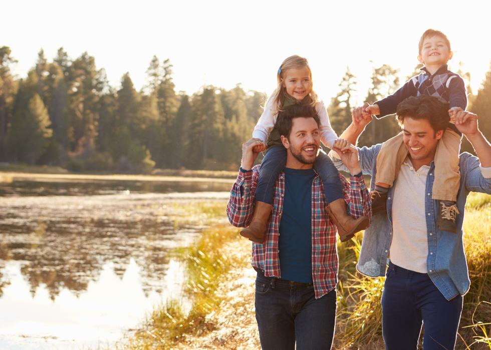 Male couple with children walking by lake