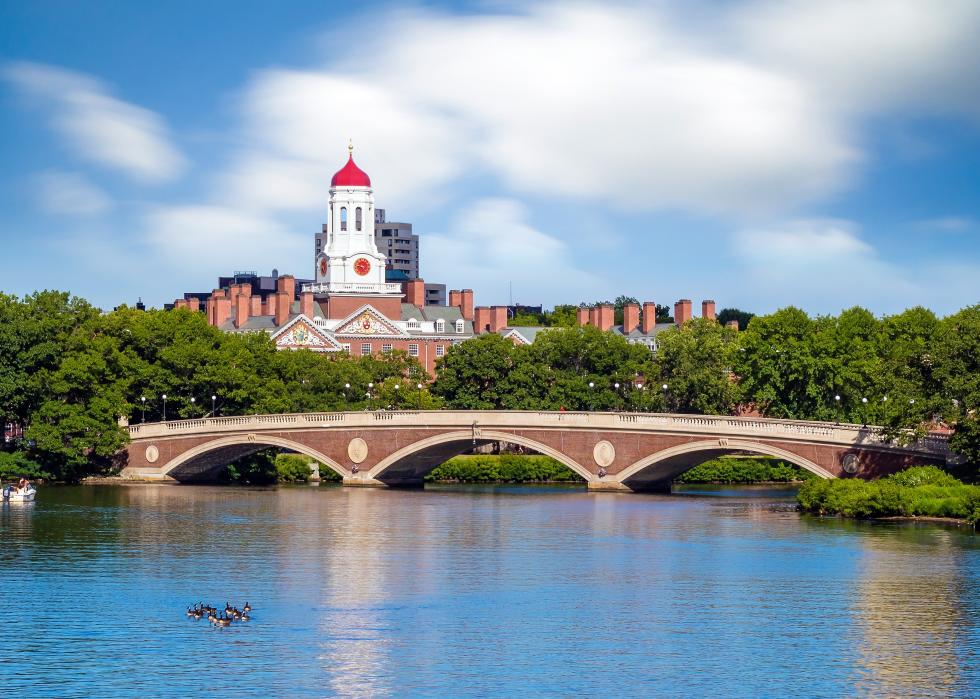 John W. Weeks Bridge with clock tower over Charles River.