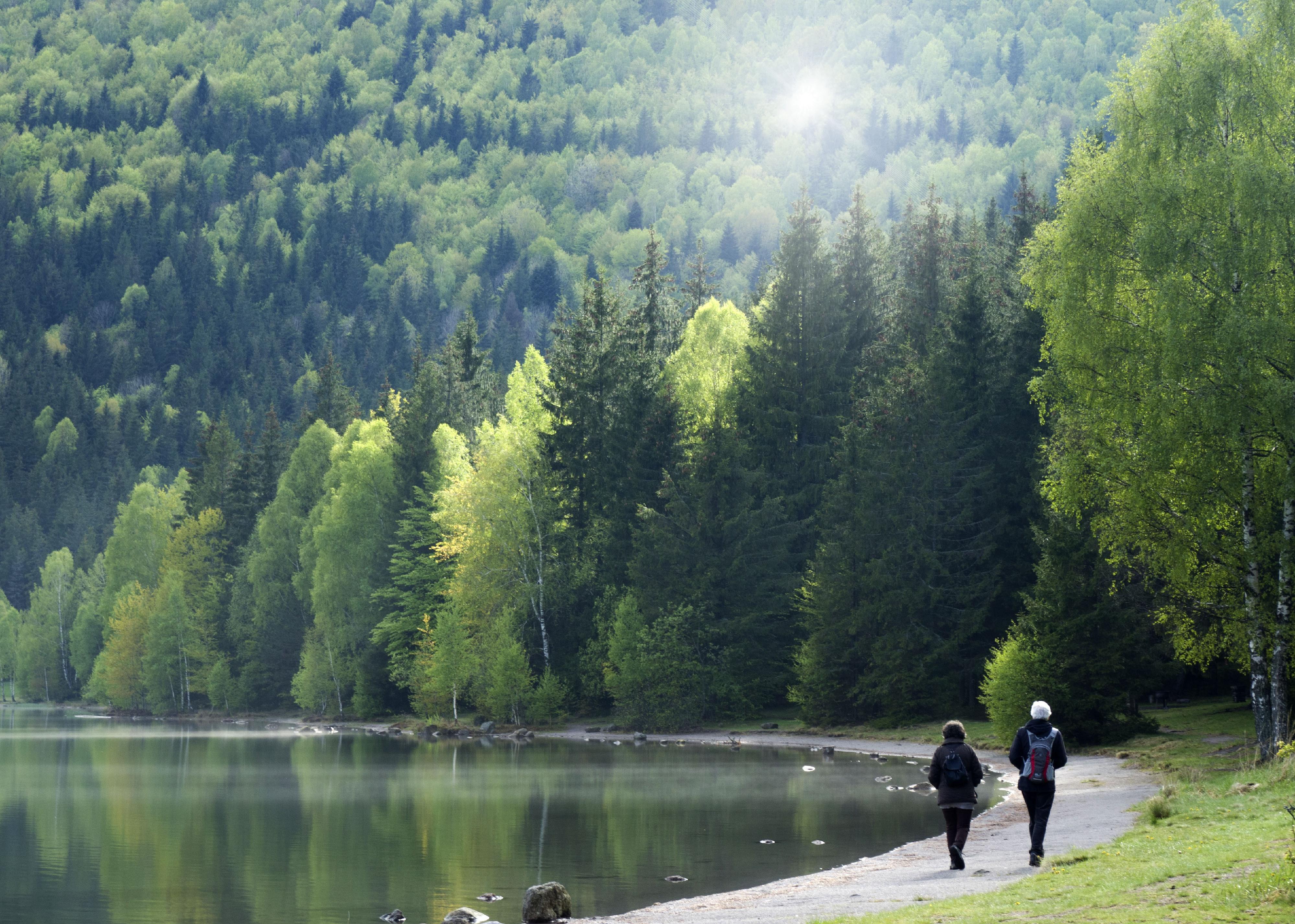 Elderly couple hike around mountain lake.