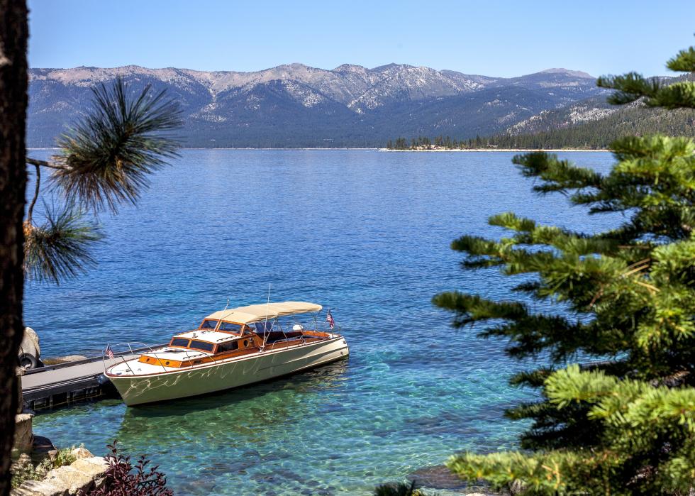 Luxury boat is docked at the Thunderbird Lodge in Incline Village.
