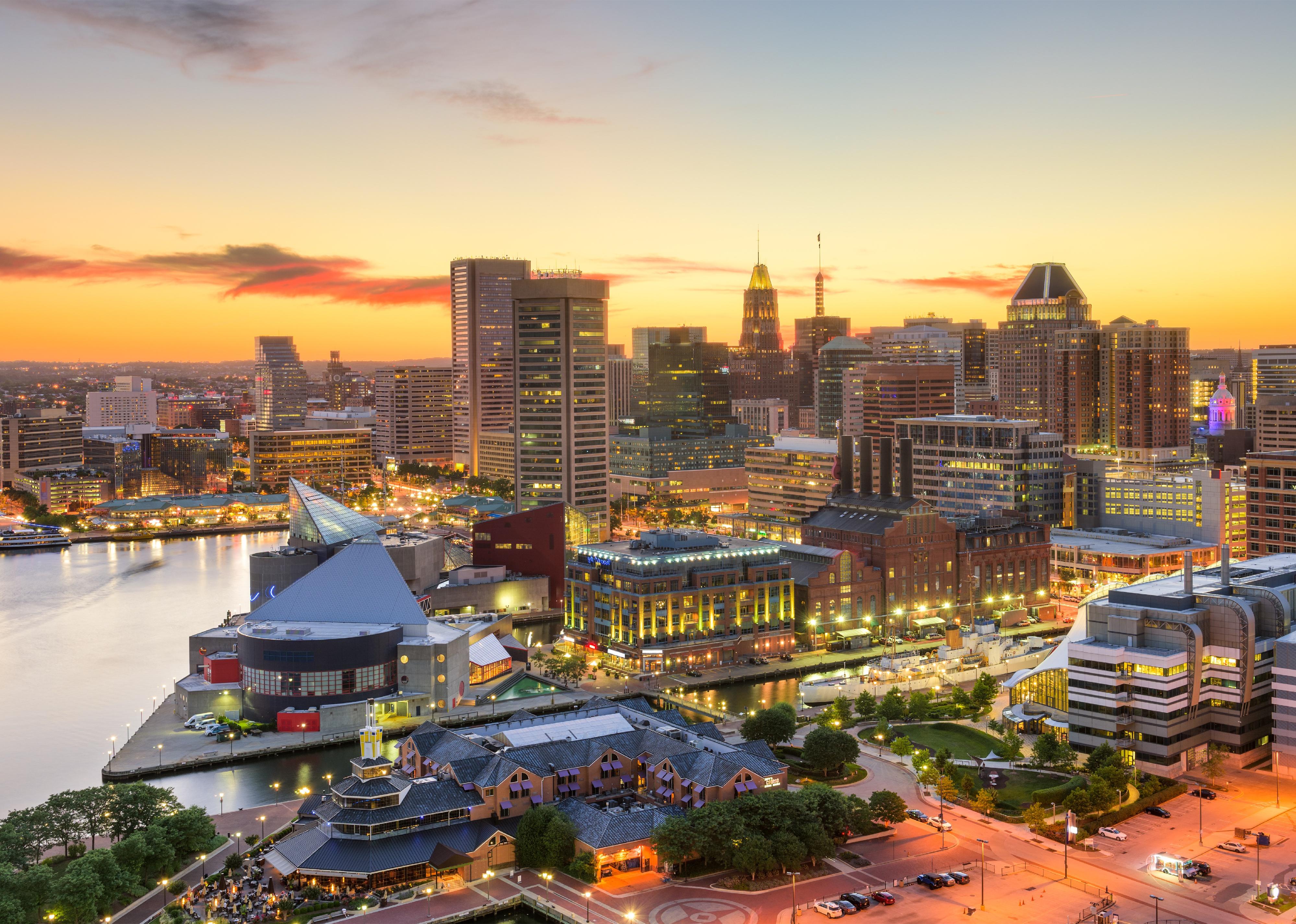 Baltimore downtown cityscape at dusk.