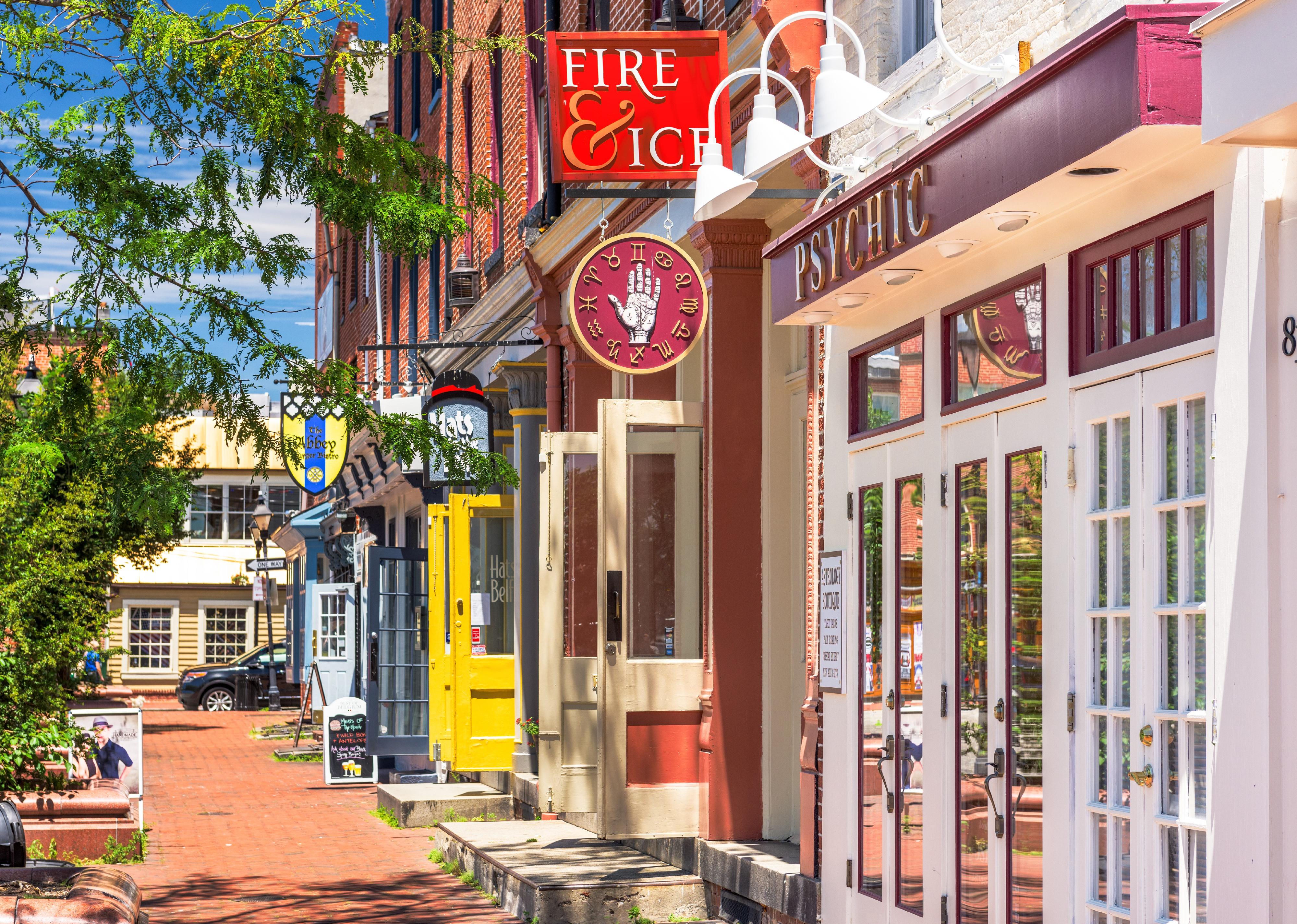 Colorful shops along a street