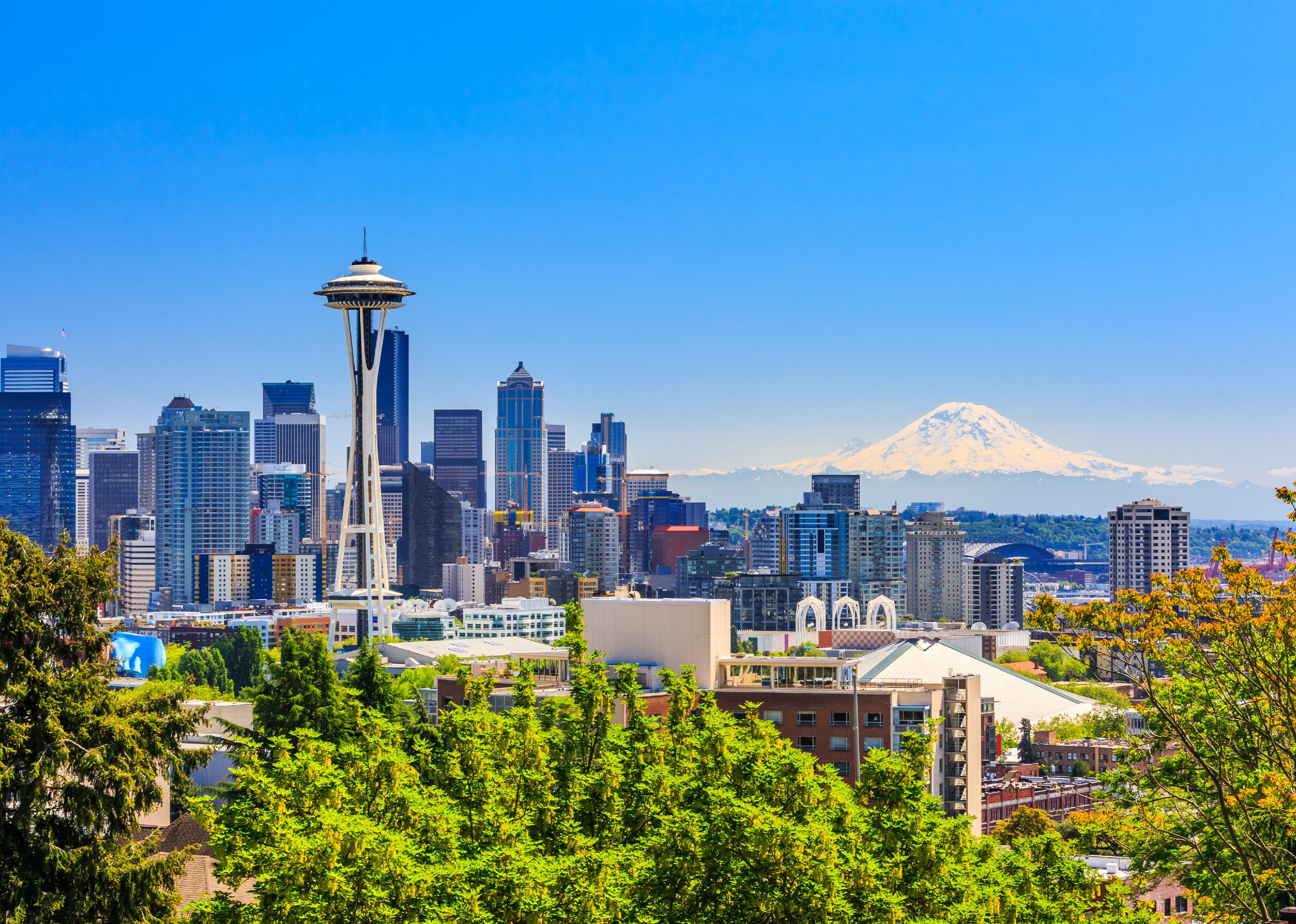Seattle downtown skyline and Mt. Rainier.