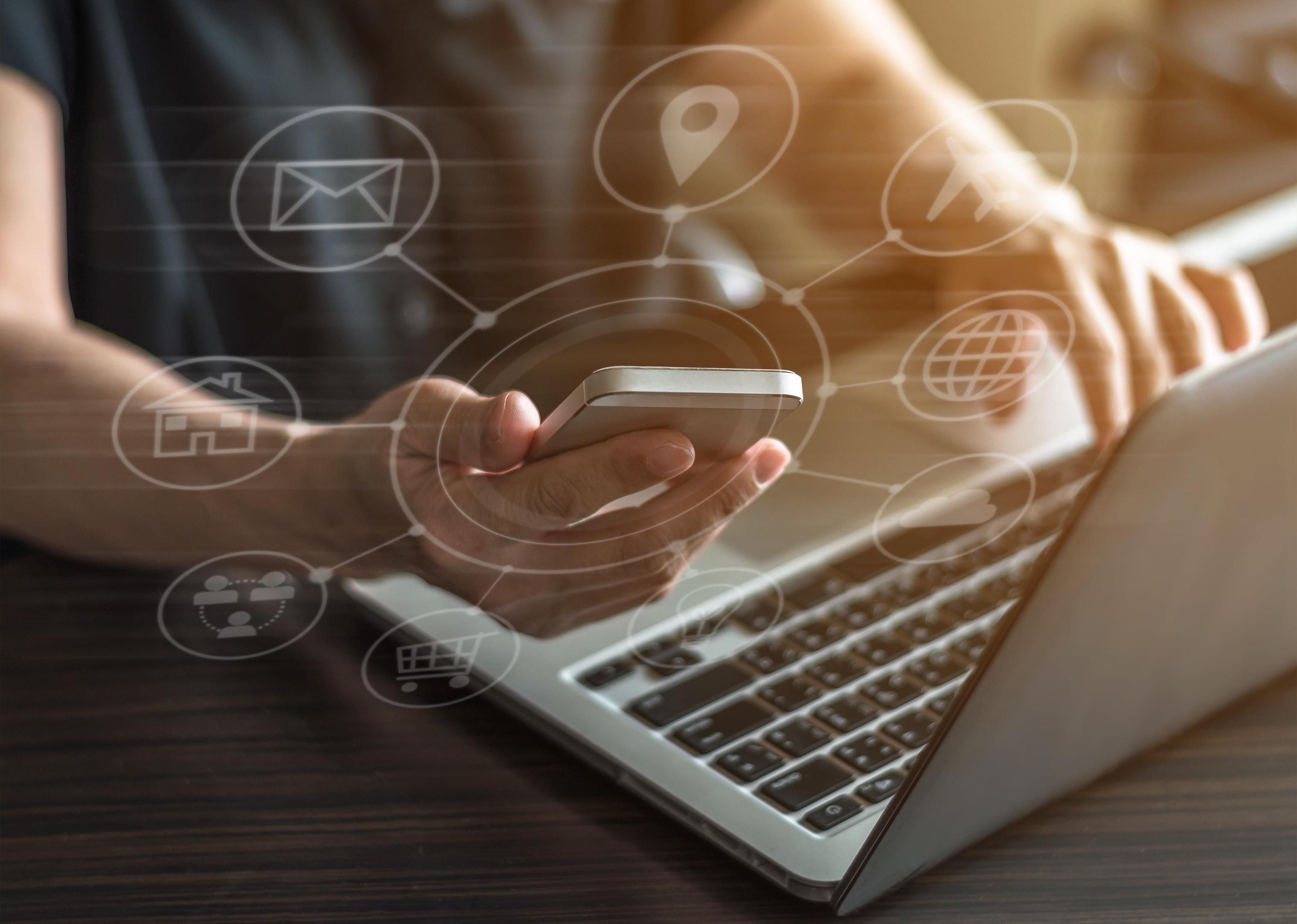 Illustration of a web of digital devices connecting to a phone.