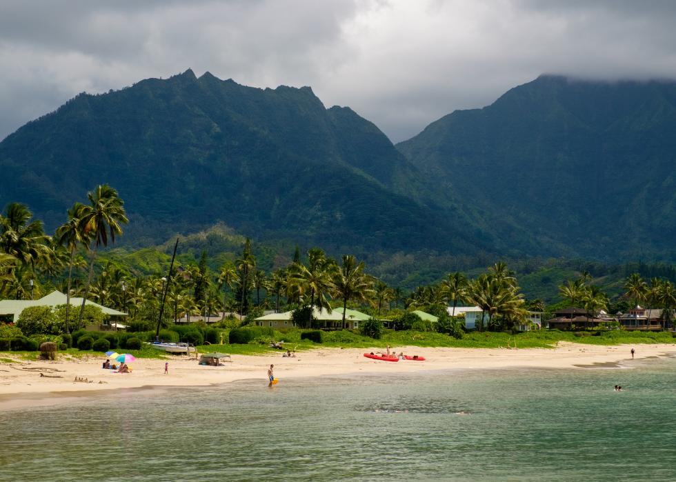 Mountains and coastline of beach.