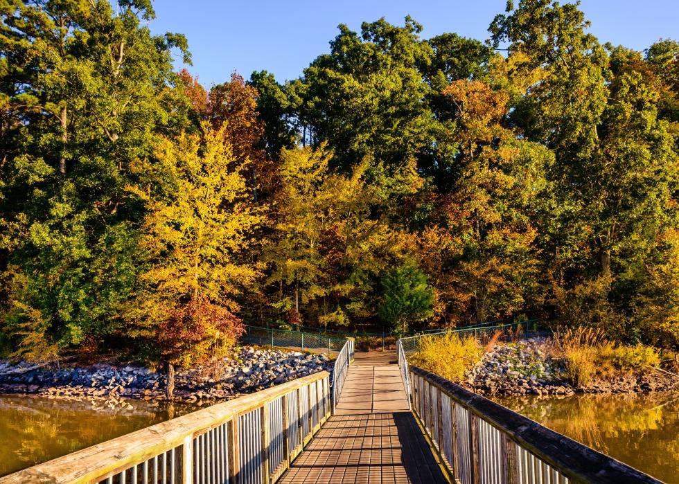 Wooden pedestrian bridge leading to wooded area.