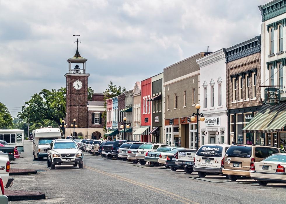 Front Street with shops and the old clock tower in Georgetown.