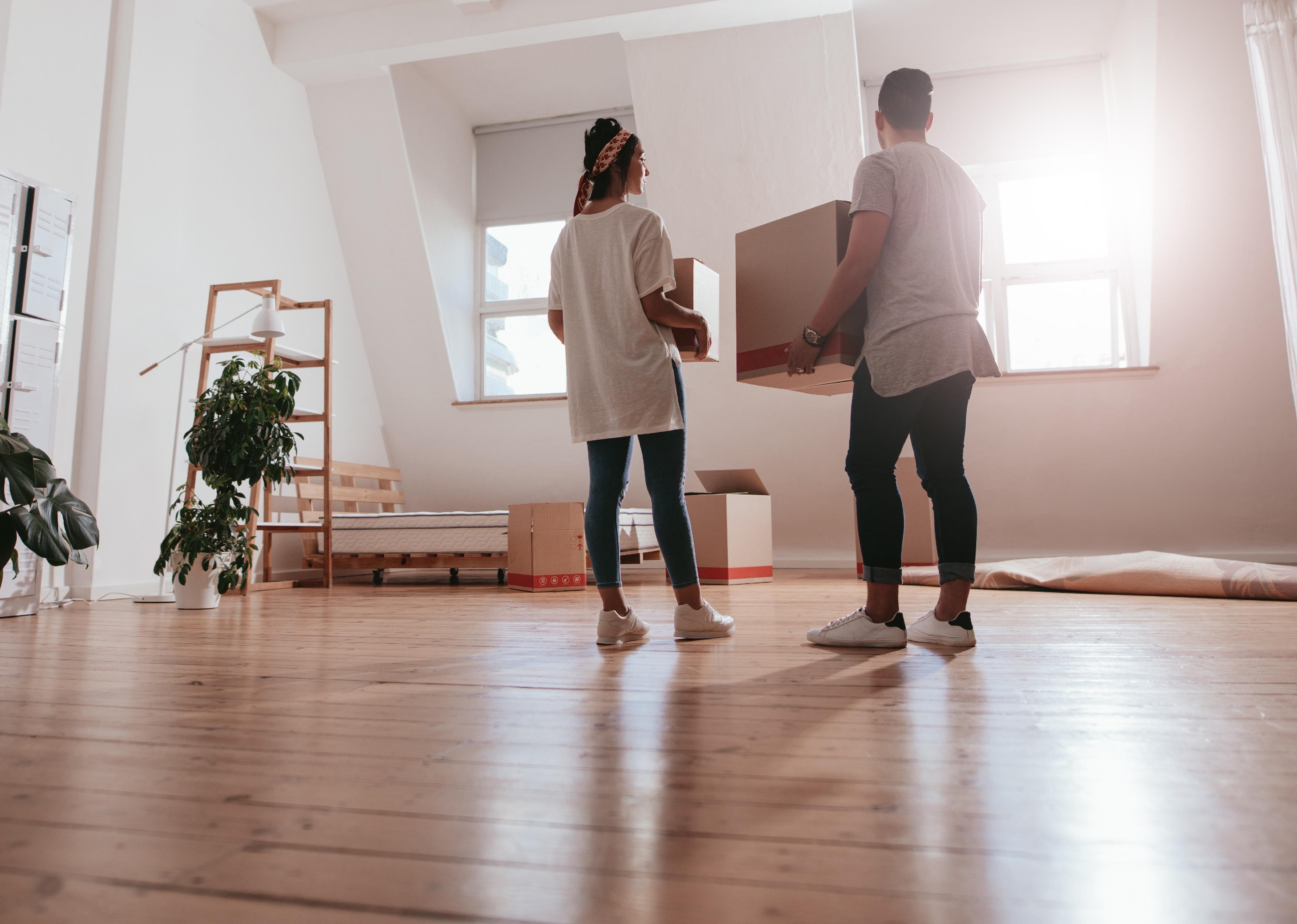 Rear view shot of young couple carrying boxes in new home. 