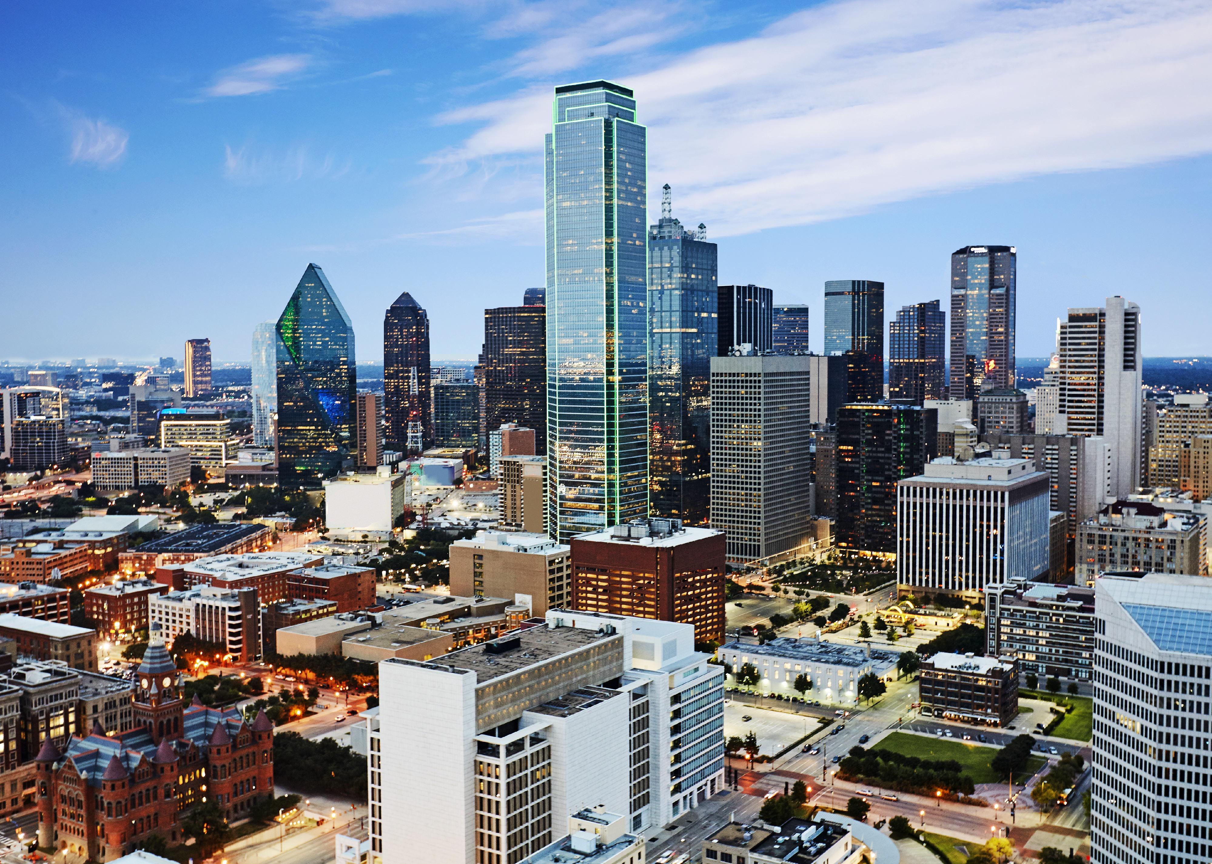 Aerial view of the financial hart of Dallas Texas at dusk