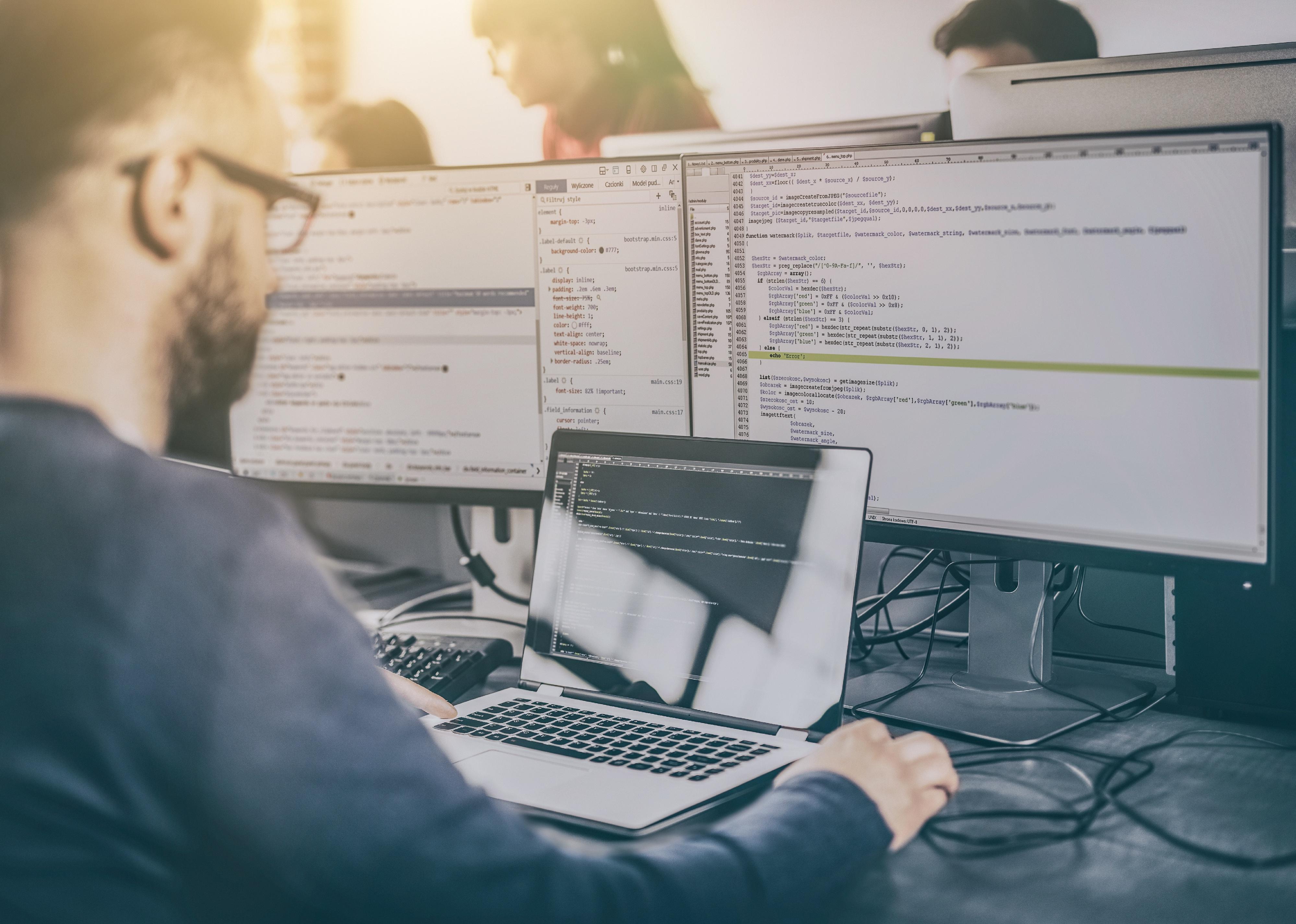 Programmer working on a software in a company office.