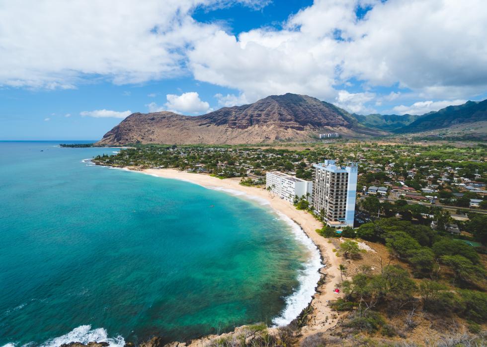 Aerial of the mountains and skies around Makaha.