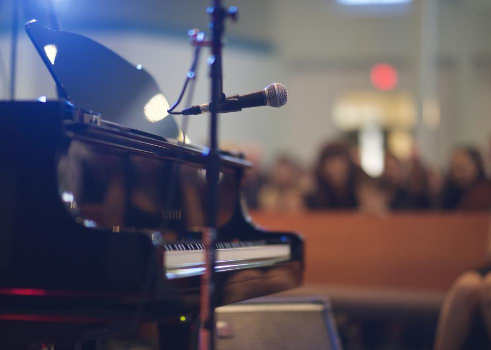 Large church with grand piano and microphone