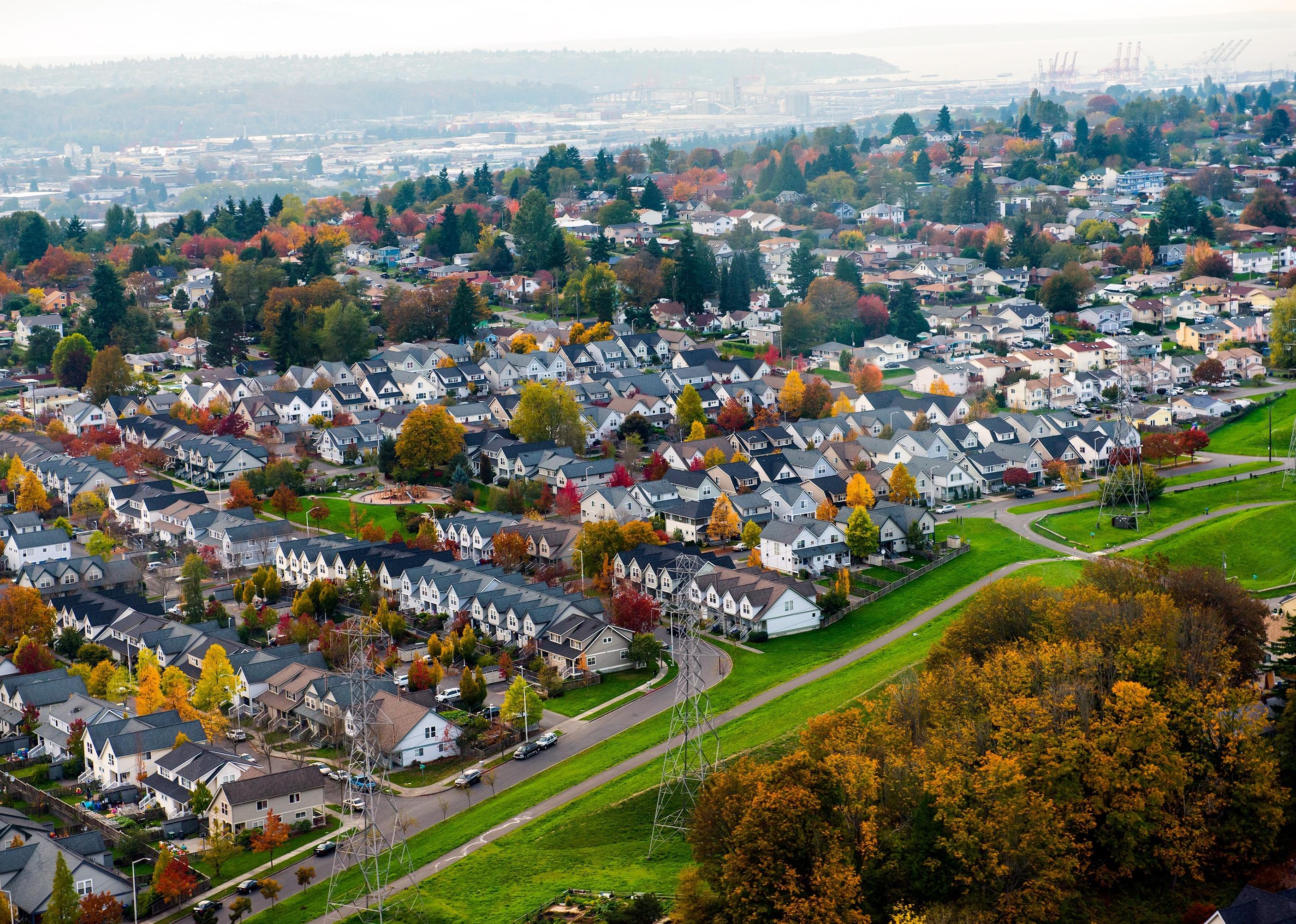 Aerial view of Seattle colorful urban sprawl.