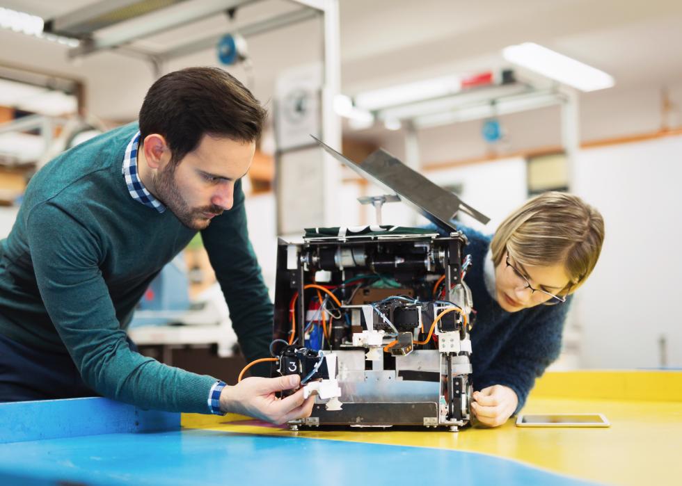 Two mechatronics specialists working on a tabletop machinery