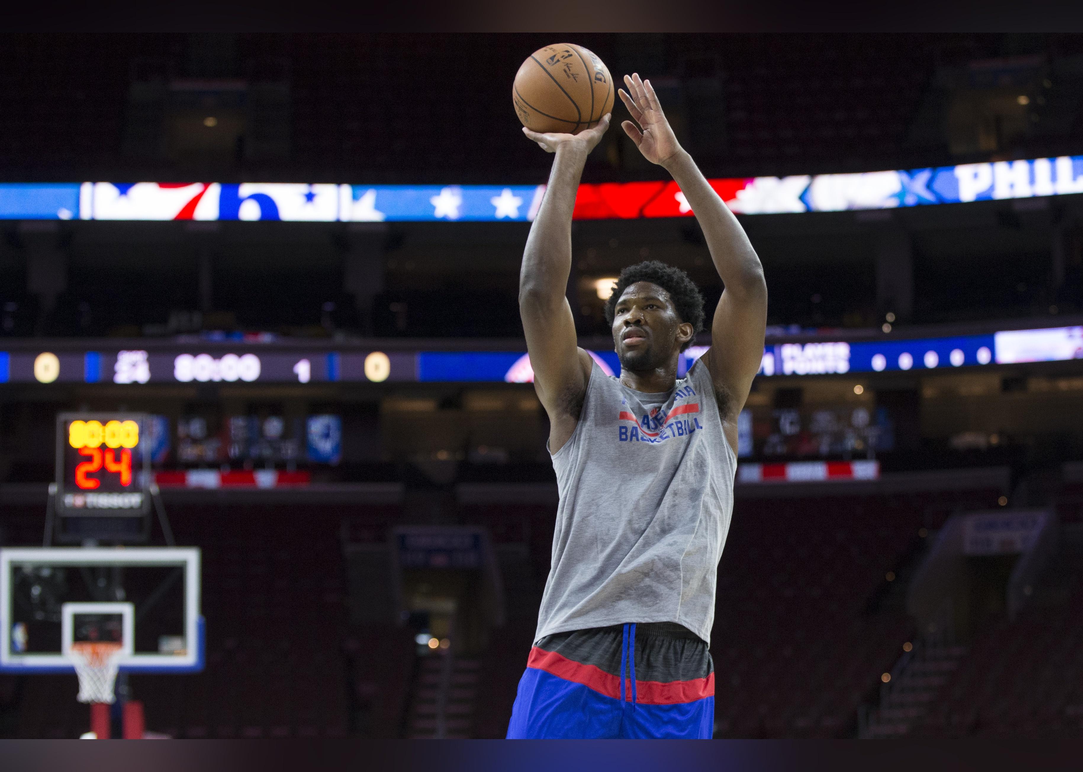 Joel Embiid shoots the basketball.