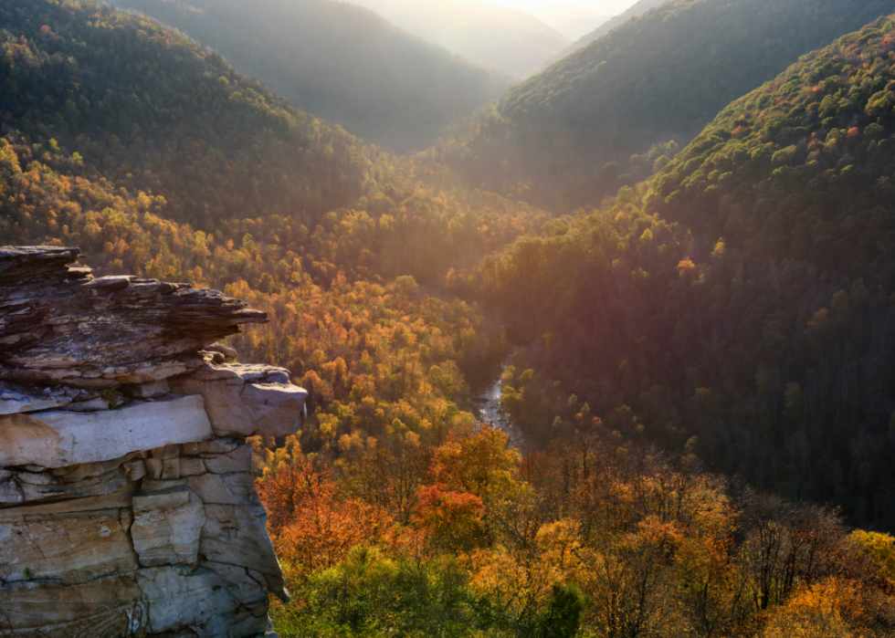 Mountain ridge and river in fall.