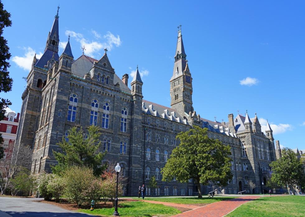 Historic grey stone building at Georgetown University.