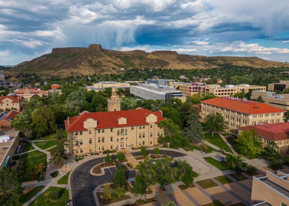 An aerial view of Golden, Colorado and CSM.