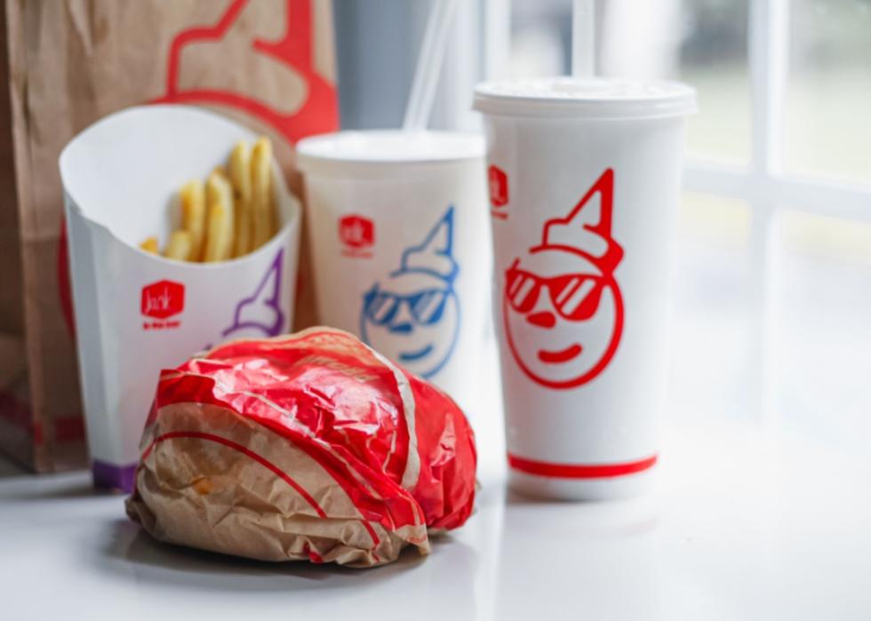 A burger, fries and drinks from Jack in the Box.