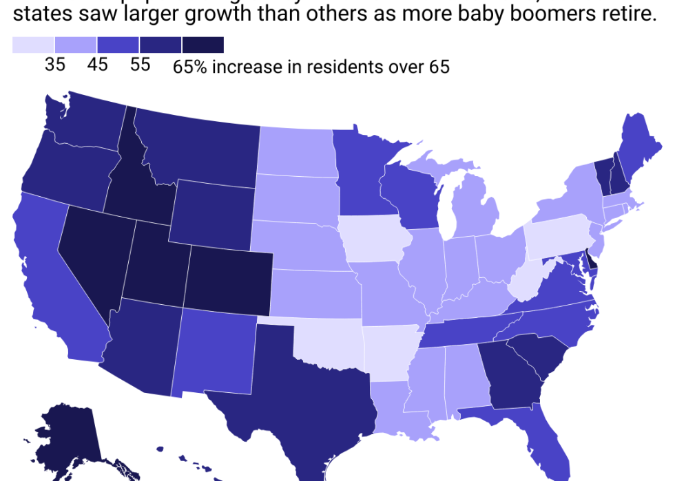 A map showing the growth of residents 65 or older by state.
