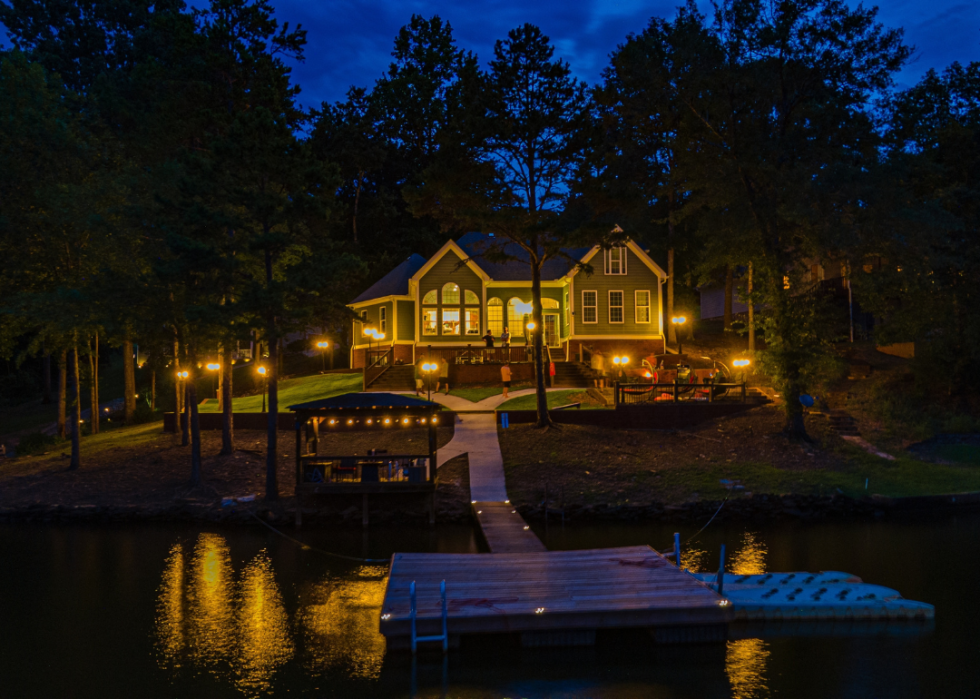 A lake house lit up at night.