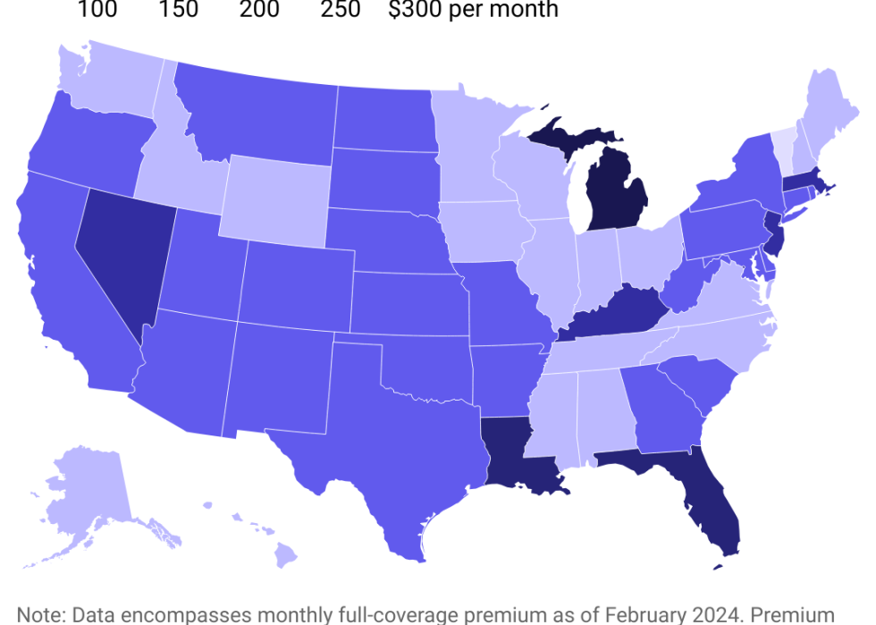 A heat map showing full-coverage car insurance premiums across the US