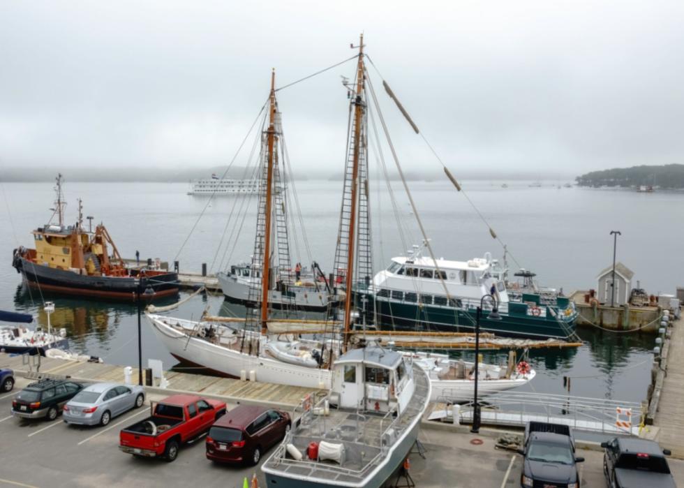 Waterfront scene with portside view of Arctic Schooner Bowdoin, a tall ship at Maine Maritime Academy.