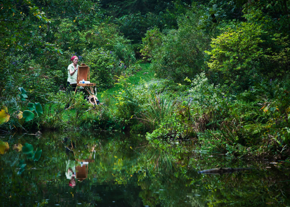 An artist painting in a park.