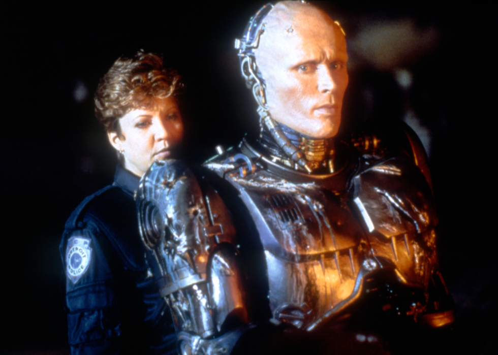 Nancy Allen and Peter Weller on the set of RoboCop.
