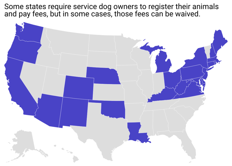 A map showing the 24 states where service dogs are required to be licensed.