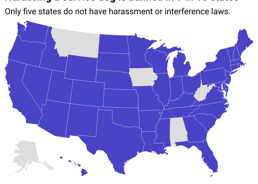A map showing 9 in 10 states have laws against harassing or interfering with a service dog.