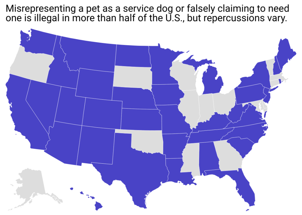 A map showing 35 states not have laws to combat service dog fraud.