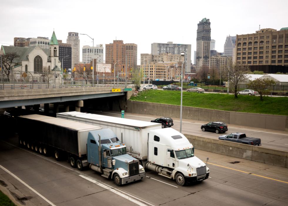 Interstate highway traffic flowing around Detroit, Michigan
