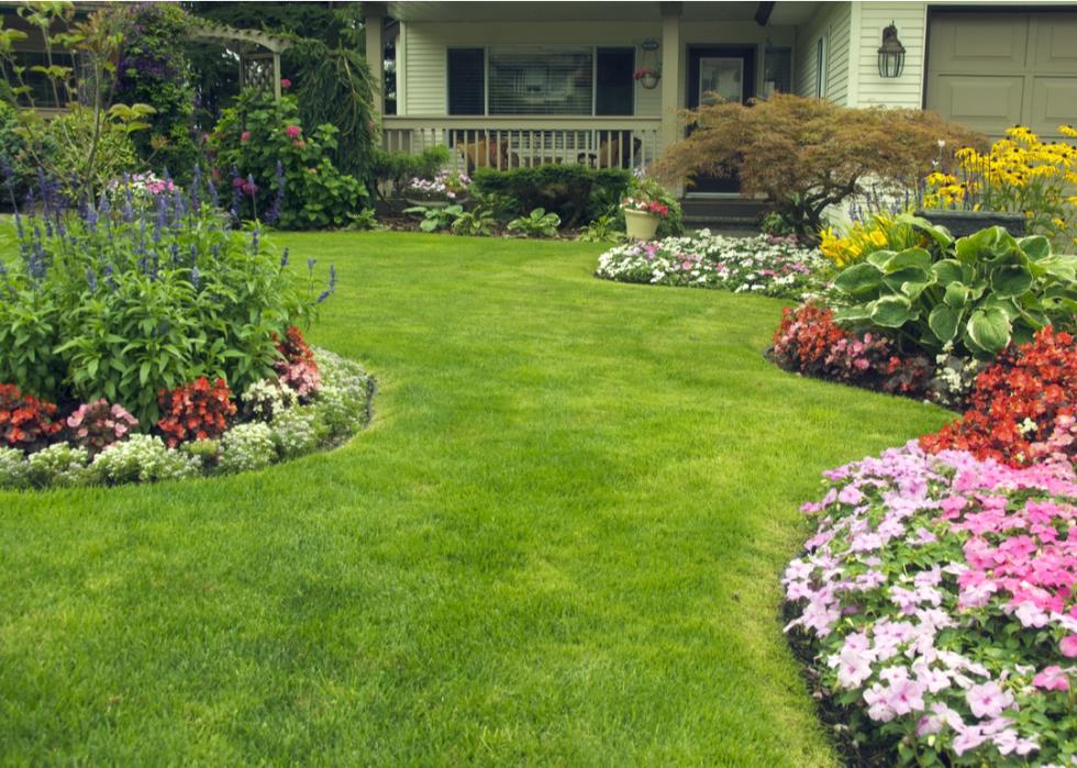 A beautifully landscaped residential yard full of blossoms