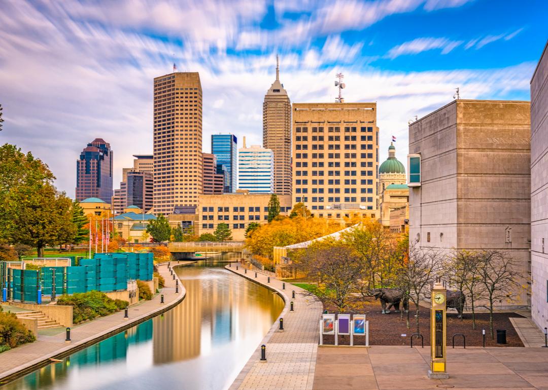 Indianapolis' downtown skyline over the river walk.