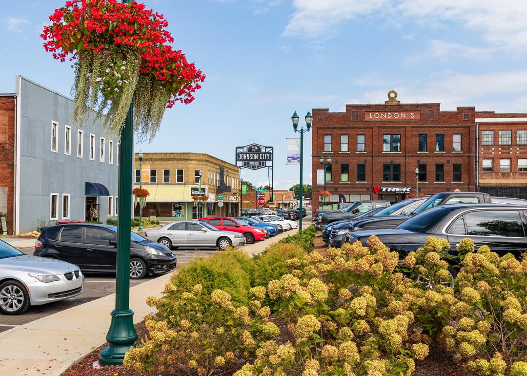 Cars parked in a downtown area of Johnson City.