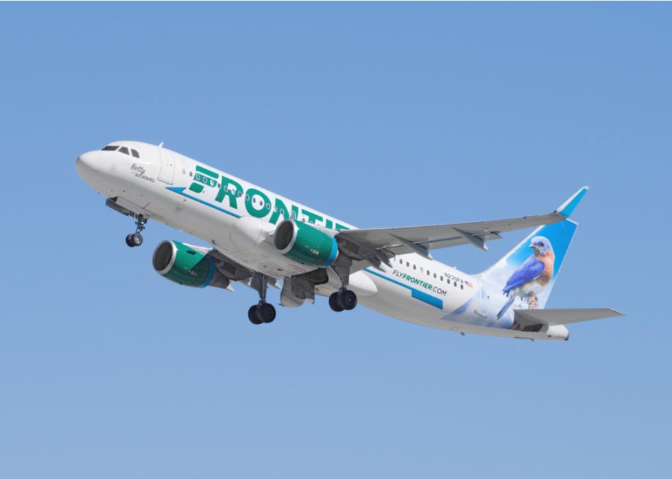 A Frontier Airlines Airbus jet departing from the Los Angeles International Airport