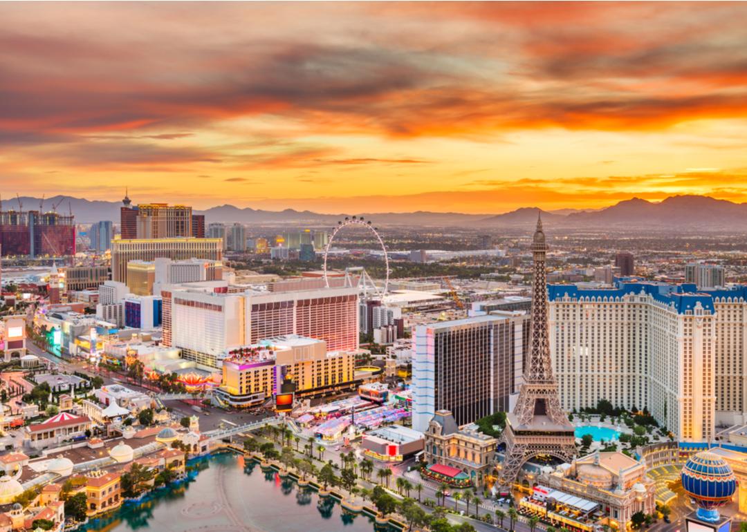 The skyline of Las Vegas as seen over the strip at dusk.